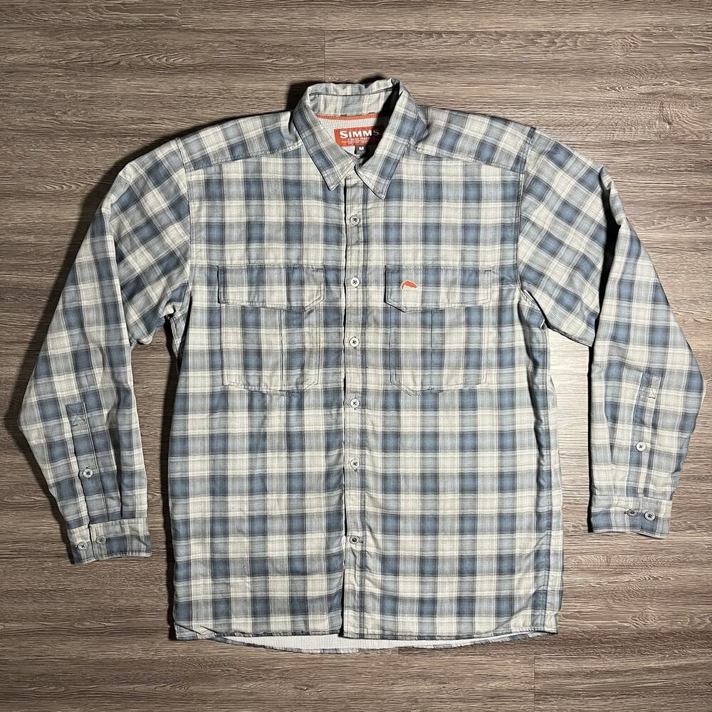Simms Coldweather Shirt Men's M Grey Blue Plaid Grid Fleece Lined 38095 EUC